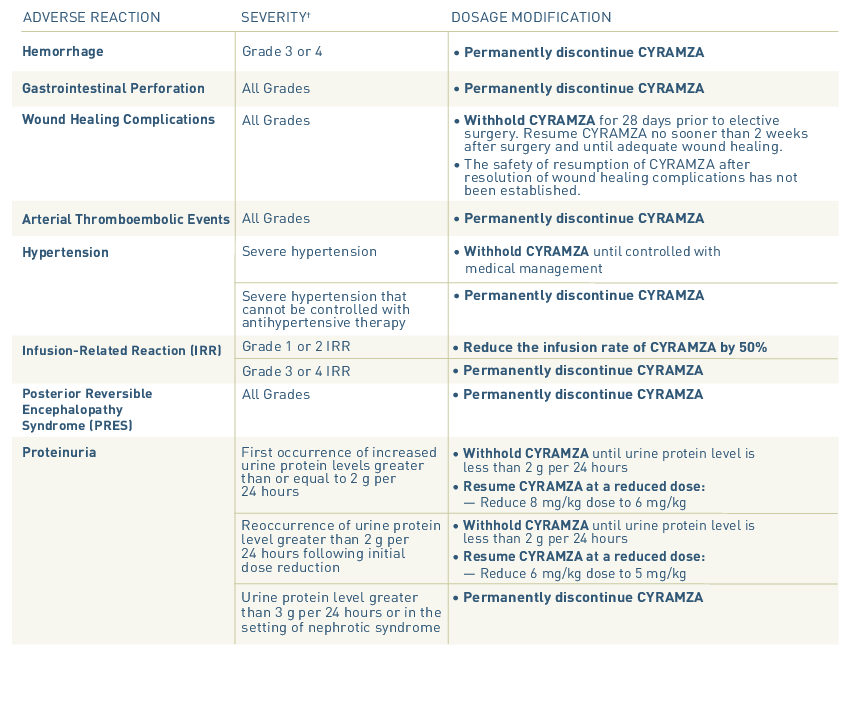 Dose modifications chart